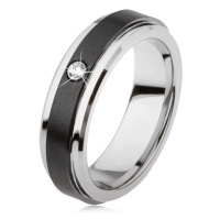 Wolframový prsten stříbrné barvy, černý keramický pás, zirkon
