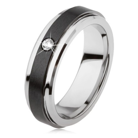 Wolframový prsten stříbrné barvy, černý keramický pás, zirkon Šperky eshop