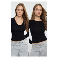 Trendyol Black 2 Pack Crew and V Neck Fitted Flexible Knitted Blouse