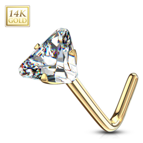 Zahnutý piercing do nosu ze žlutého 14K zlata - trojúhelníkový zirkon, čirá barva, 0,8 mm Šperky eshop