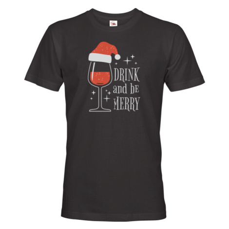 Pánské vánoční tričko s potiskem vína a nápisem Drink and be merry BezvaTriko