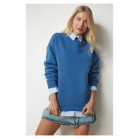 Happiness İstanbul Women's Indigo Blue High Neck Basic Raised Sweatshirt