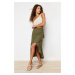 Trendyol Khaki Flounce Double Breasted Closure Midi Length Woven Skirt