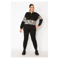 Şans Women's Plus Size Black Front Pat with Zippered Garnish Detailed Sweatshirt and Pants Suit