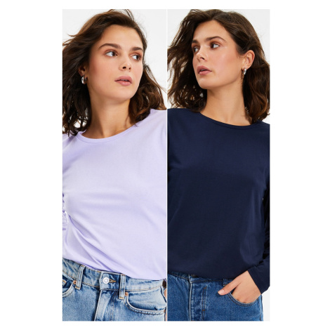 Trendyol Navy Blue-Lilac 2-Pack Crew Neck Long Sleeve Basic Knitted T-Shirt