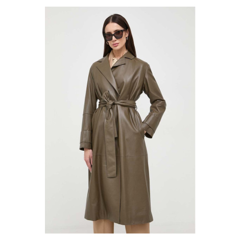 Kožený kabát BOSS dámský, hnědá barva, přechodný Hugo Boss