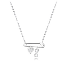 Stříbrný 925 náhrdelník - spínací špendlík s přívěsky ve tvaru srdce a vzor Infinity, čiré zirko