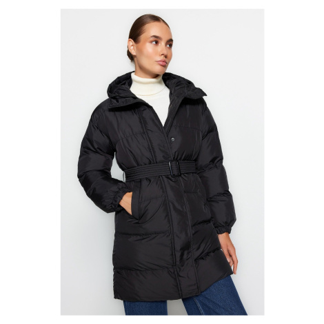Trendyol Black Oversized dlouhý nafukovací kabát, vodoodpudivý s kapucí s přepásanou kapucí