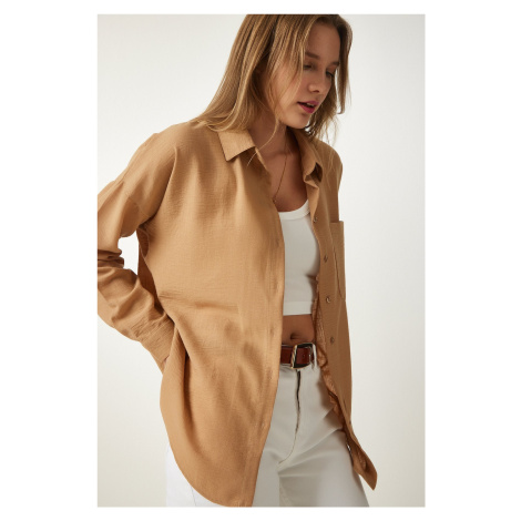 Happiness İstanbul Women's Beige Oversize Linen Ayrobin Shirt