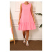 armonika Women's Neon Pink Linen Look Textured Sleeveless Dress with Frill Skirt