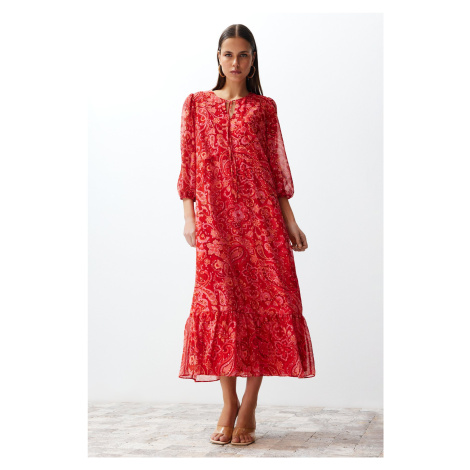 Trendyol Pink Shawl Pattern Straight Cut Maxi Lined Chiffon Woven Dress