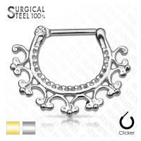 Piercing do nosní přepážky z chirurgické oceli - kulatý segment s ornamenty, zapínání na patentk