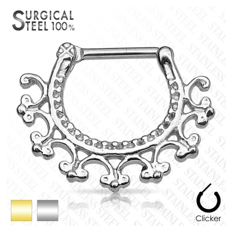 Piercing do nosní přepážky z chirurgické oceli - kulatý segment s ornamenty, zapínání na patentk Šperky eshop