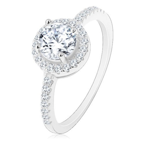 Stříbrný 925 prsten, čirý kulatý zirkon s čirým lemem, zdobená ramena Šperky eshop