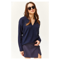 Olalook Women's Navy Blue Polo Neck Fine Knitwear Sweater