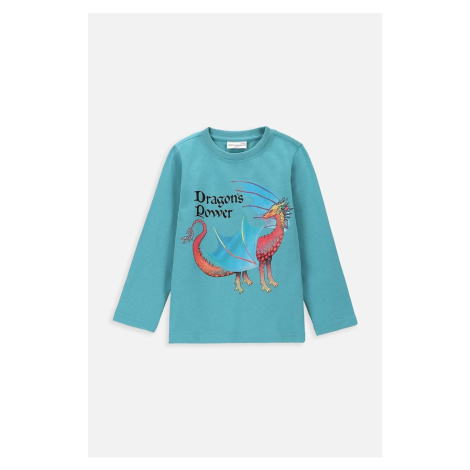 Dětská bavlněná košile s dlouhým rukávem Coccodrillo tyrkysová barva, s potiskem
