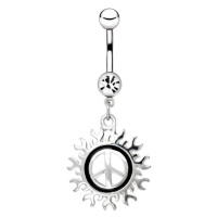 Ocelový piercing do pupíku - symbol míru s motivem slunce