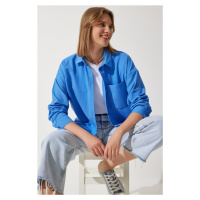 Happiness İstanbul Women's Blue Oversize Linen Ayrobin Shirt