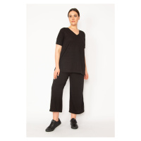 Şans Women's Black Camisole Set With Knitted Elastic Waist, Wide Legs Trousers and a V-neck Blou