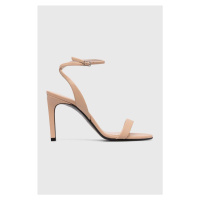 Kožené sandály Calvin Klein HEEL SANDAL 90 LTH béžová barva, HW0HW01945