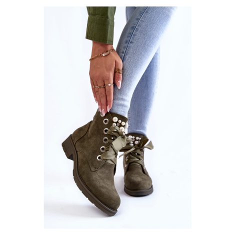 Suede insulated boots with a zipper with pearls Green Raiso Kesi