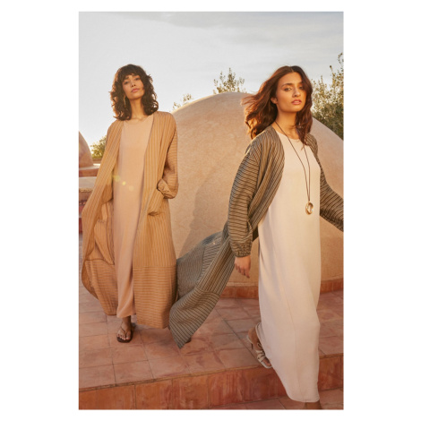 Trendyol Camel Long Linen Look Striped Woven Cap & Abaya & Abaya
