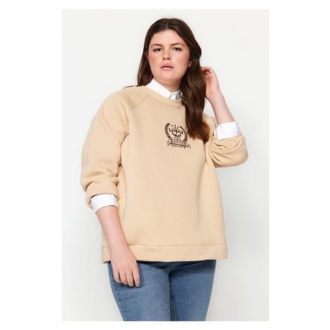 Trendyol Curve Camel Thick Polar Fleece Embroidered Detailed Knitted Plus Size Sweatshirt