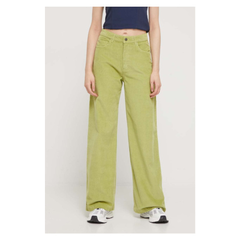 Manšestrové kalhoty Roxy zelená barva, high waist