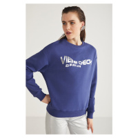 GRIMELANGE Clover Women's Crew Neck Foil Print Detailed Navy Blue Sweatshir