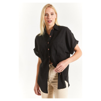 armonika Women's Black Linen Shirt with Double Pocket Detail with a yoke at the back