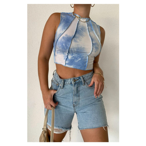 Madmext Light Blue Ripped Detailed High Waist Jean Shorts