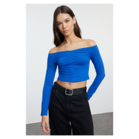 Trendyol Sax Ruffle/Drape Detailed Carmen Collar Crop/Short Fitted/Closed Knitted Blouse