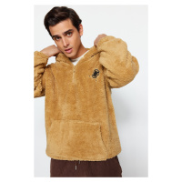 Trendyol Beige Men's Oversize Half-Zip Hooded Minimal Logo Embroidered Warm Plush Sweatshirt.