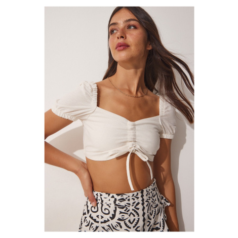 Happiness İstanbul Women's White Linen-Mixed Shirred Crop Top