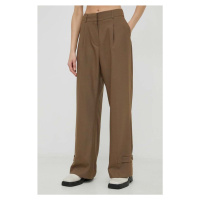 Kalhoty s příměsí vlny Herskind Logan dámské, hnědá barva, široké, high waist