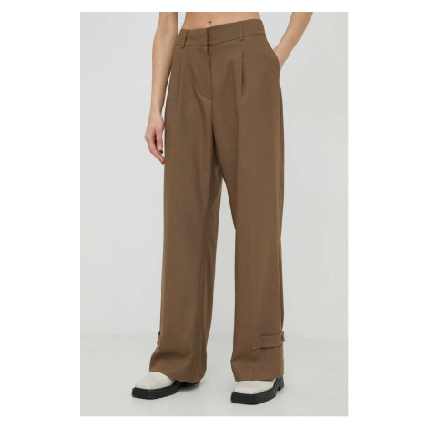Kalhoty s příměsí vlny Herskind Logan dámské, hnědá barva, široké, high waist Birgitte Herskind