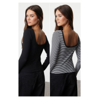 Trendyol Black Plain and Striped Fitted, Low-cut Back, Ribbed, Stretchy Knitted Blouse