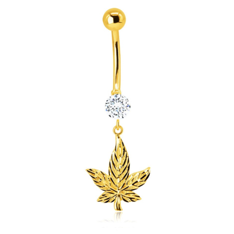 Piercing z 9K žlutého zlata do bříška - blýskavý marihuanový list, třpytivý kulatý zirkon Šperky eshop