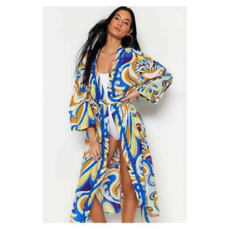 Trendyol Abstract Pattern Belted Midi Woven Kimono & Kaftan 100% Cotton With Tassels