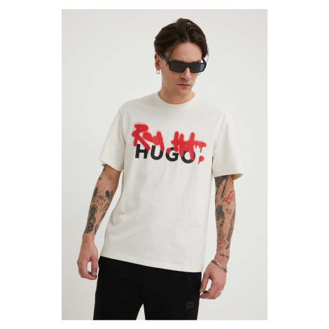 Bavlněné tričko HUGO béžová barva, s potiskem, 50508513
