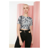 Trendyol Anthracite Tie-Dye Printed Fitted/Skinned Crop Crewneck Flexible Knitted Blouse