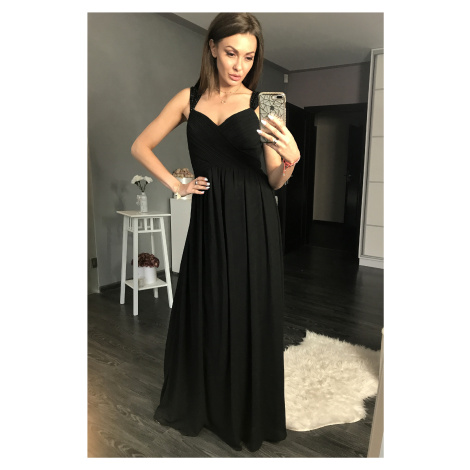 Plesové černé šaty dlouhé s kamínky na ramínkách EVA&LOLA