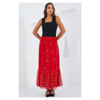 Bigdart Women's Red Patterned Chiffon Skirt 8010