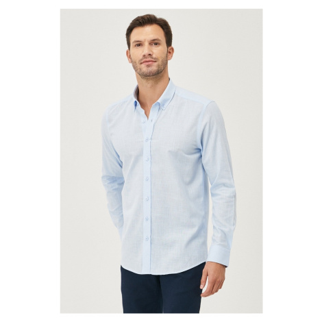 AC&Co / Altınyıldız Classics Men's Light Blue Slim Fit Buttoned Collar Linen Look 100% Cotton Fl