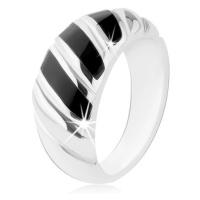 Prsten, stříbro 925, tři šikmé proužky v černé barvě, zářezy