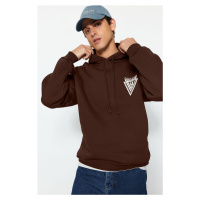 Trendyol Brown Hooded Oversize/Wide Cut College Printed Cotton Fleece Sweatshirt