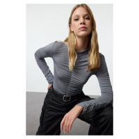 Trendyol Dark Gray Fitted/Fits the Body Gathered Detailed Snap-Front Flexible Knit Bodysuit