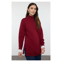 Trendyol Claret Red Stand Collar Slit Detailed Polar Fleece Oversize Knitted Sweatshirt