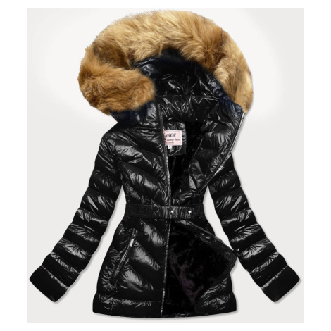 Černo-hnědá lesklá zimní bunda s mechovitou kožešinou (W673) MHM