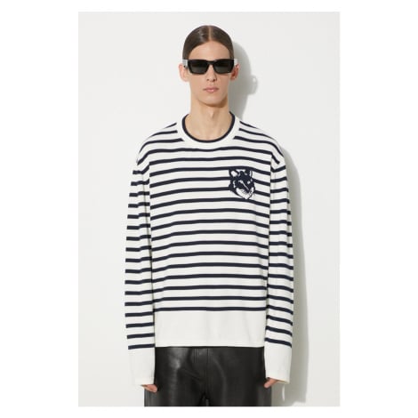 Bavlněný svetr Maison Kitsuné Fox Head Intarsia Comfort Striped Jumper tmavomodrá barva, lehký,  MAISON KITSUNÉ